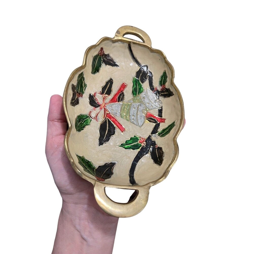Vintage Christmas trinket Candy Dish Cloisonne Brass with Enamel Design Inlay